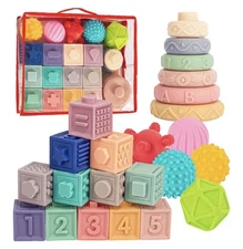 SpringFlower Montessori Baby Toys 3-in-1 Stacking Blocks Teether Set for 0-12mon