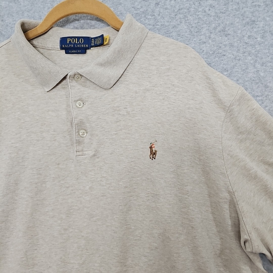 PONY Polo Ralph Lauren camicia cotone piqué polo taglia uomo XL beige con frangia marrone chiaro