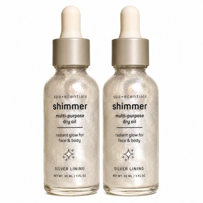 Spa Scentials Shimmer Body Oil 2Pk Silver Lining Radiant Glow Dry Oil Face Body 