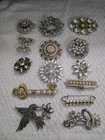 Vintage LOT - 14  Brooches Pins Costume Jewelry Rhinestone Silver - Clear Stones
