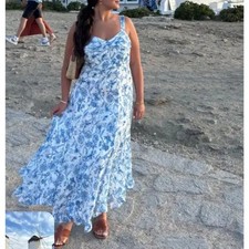 Hutch Blue White Floral Midi Sun Dress LARGE  French Toile Cottage Designer $300