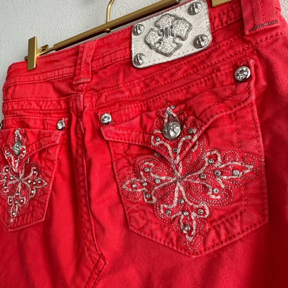 Falda Lápiz Midi Y2K Miss Me Talla 27 Roja Denim Embellecida Jean Falda Foto 4 de 4