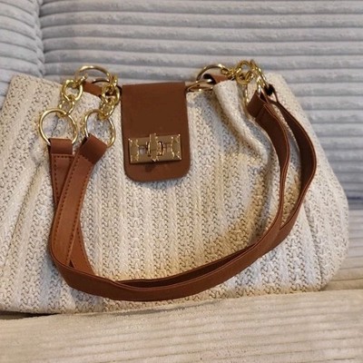Women s Beige Woven Hobo Shoulder Bag Magnetic Closure Gold Hardware Det Strap