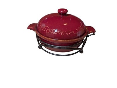 New Tastefully Simple Dip Crock with Lid & Metal Serving Rack Set Maroon Red