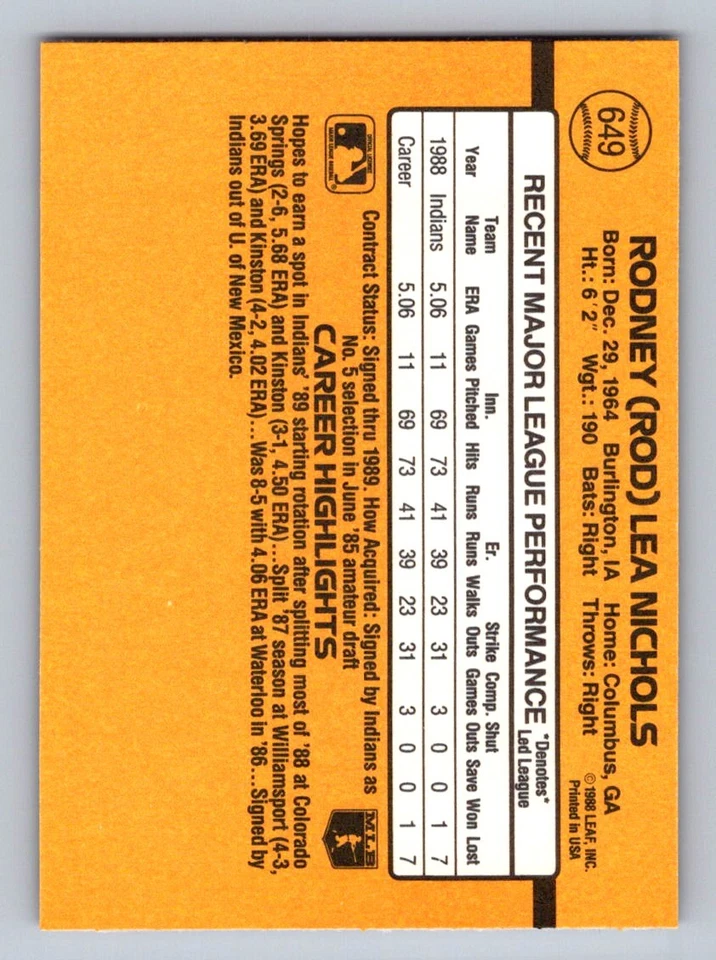 1989 Donruss Rod Nichols #649b Cleveland Indians - Image 2 of 2