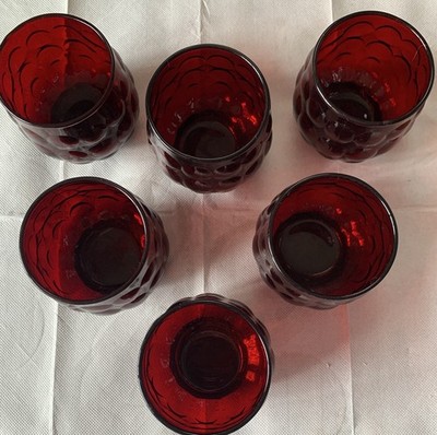 Vintage Anchor Hocking Ruby Red Bubble Glasses 8cm H, 7cm W. Set Of 6 Gorgeous