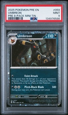 2025 POKEMON PRE EN UMBREON PRE 8-PACK MINI TIN COSMO HOLO PSA 9 SWIRL LOW POP