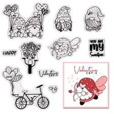 Valentine's Day Love Gnomes Clear Stamps for Card Making Flowers Bike Transpa...