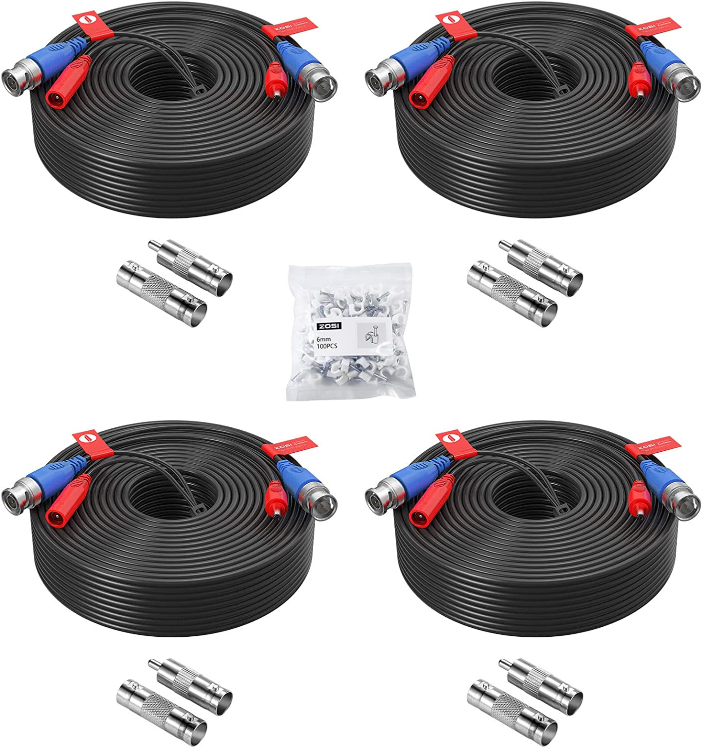 4 Pack 100Ft(30M) All-In-One Video Power Cables,Bnc Extensio
