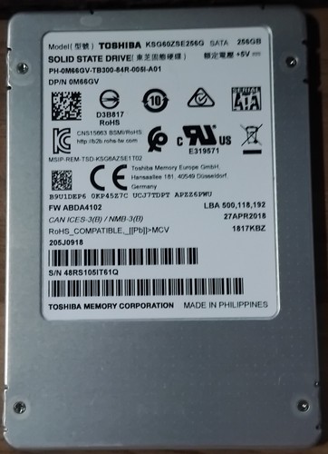 TOSHIBA SATA 256GB 2.5 SSD KSG60ZSE256G SOLID STATE DRIVE - 第 1/2 張圖片
