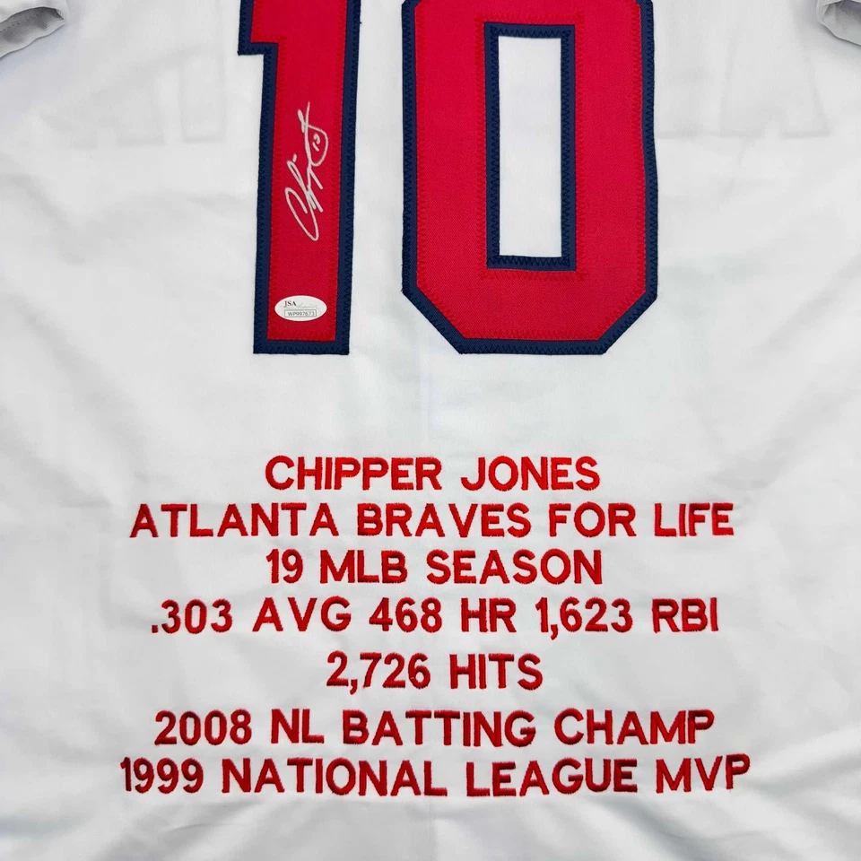 Autographed/Signed CHIPPER JONES Atlanta White Stat Baseball Jersey JSA COA Auto - Image 2 of 4
