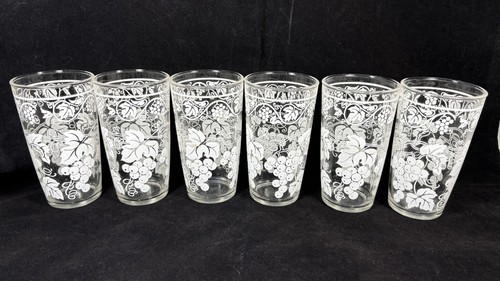 6 Hazel Atlas Tumblers Glasses White Grape Vine with Drink Caddy MCM 5.5" Tall - Picture 2 of 8