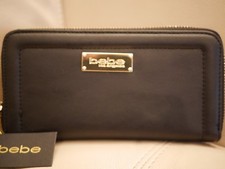 NEW WT WOMEN'S BEBE BLACK LEATHER NATALIE WALLET ZIP AROUND CLUTCH CREDIT CARD