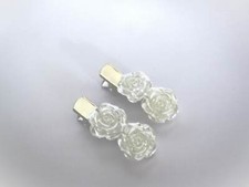 2 small pearly white double flower alligator hair pin clips for fine thin hair