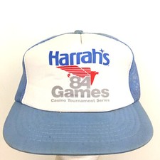 Vtg Harrahs 84 Games Casino Series Hat Logo Mesh Snap Back Trucker Baseball Cap