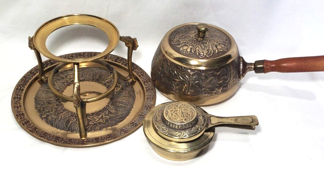 Vintage Brass Korean Fondue Set 6 Piece Floral Pattern