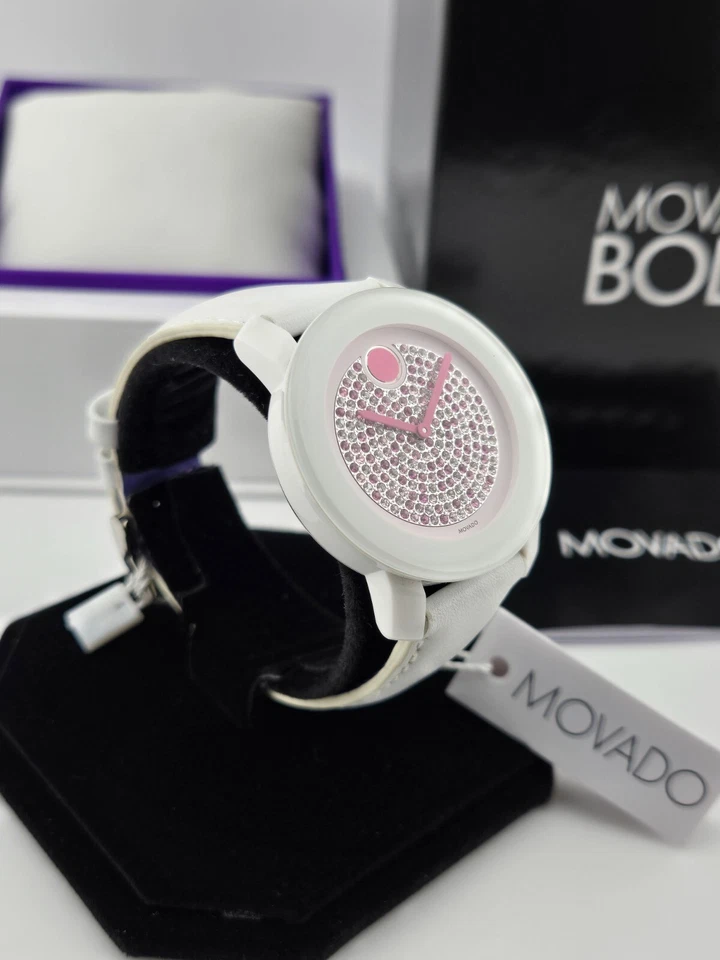 Movado Women's Bold Pink Crystal Dial White Leather Watch - 3600262 ($550 MSRP) - Image 3 of 4
