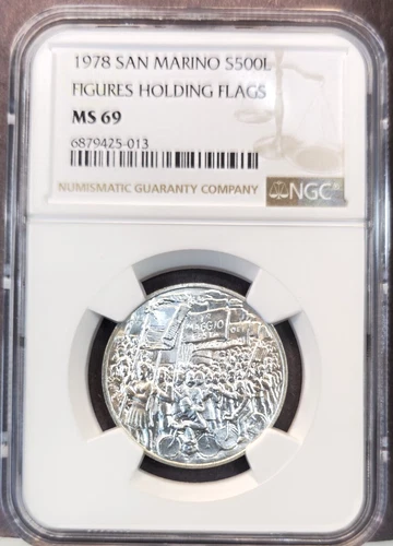 1978 SAN MARINO SILVER 500 LIRE FIGURES HOLDING FLAGS NGC MS 69 RARE TOP POP