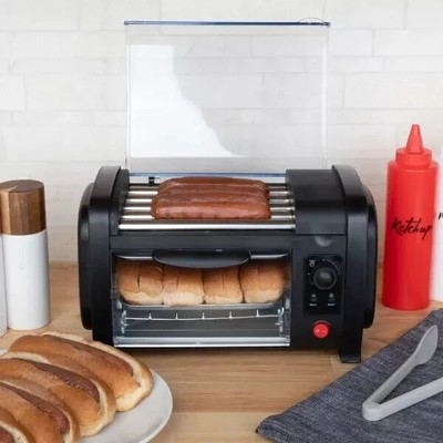 Mini Stainless Steel Hot Dog Roller with Bun Warmer, Timer and Baking Tray for B