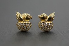 14K Solid Yellow Gold Cute Baby Bird With CZ Safety Screw Back Earrings.
