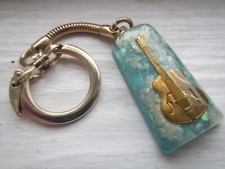 Vintage '60s Gold Golden Guitar Figurine Clear Lucite Turquoise Keyring Keychain