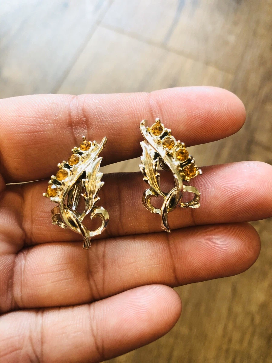 Vintage Gold Tone & Yellow Rhinestone EARRINGS, Screw Back, Leaf