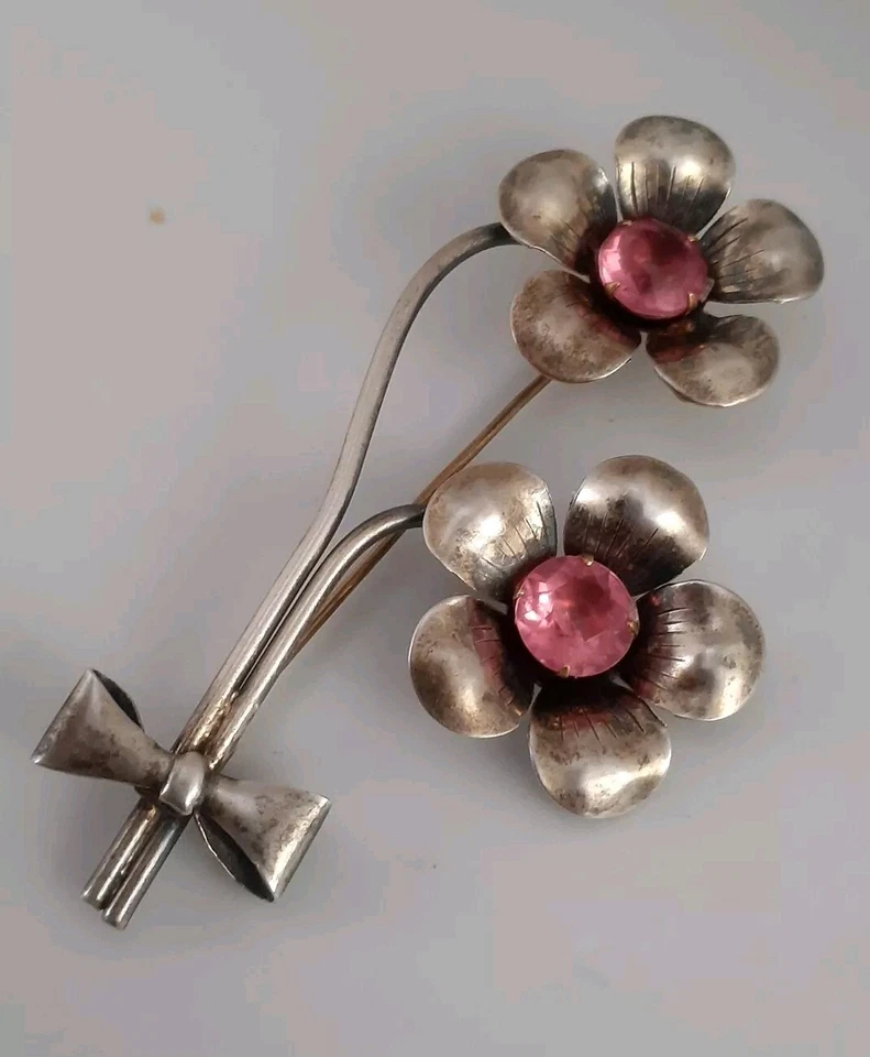 Broche de Colección Plata de Ley Oro Débil Lavado Flores y Lazo Piedra Rosa Conjunto de Puntas  Foto 4 de 4