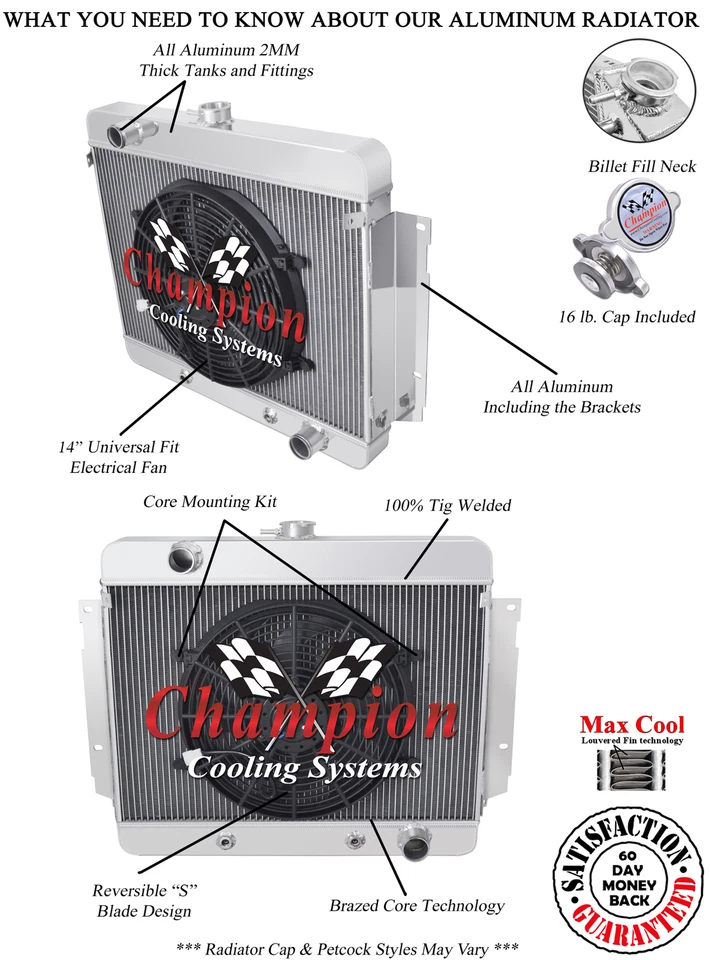 Radiador Kool Champion 3 filas con ventilador de 14" para Chevrolet Impala 1969 1970 #CC345 Foto 3 de 4