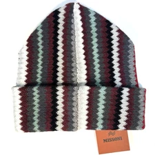 MISSONI Chevron Stripe Knit Wool Blend Beanie Winter Hat Burgundy (MSRP $320)