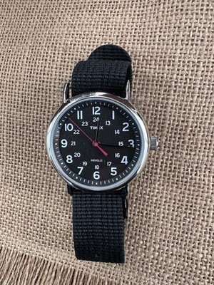Timex Weekender Watch Men Silver Tone Black Slip Thru Band 38MM 