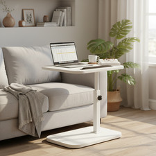 Height Adjustable White C-Shaped Side Table, Swivel Overbed Sofa Side Table