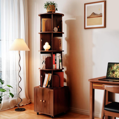 5-Tier Rotating Bookshelf with Lockable Wheels - Walnut Brown Corner Display
