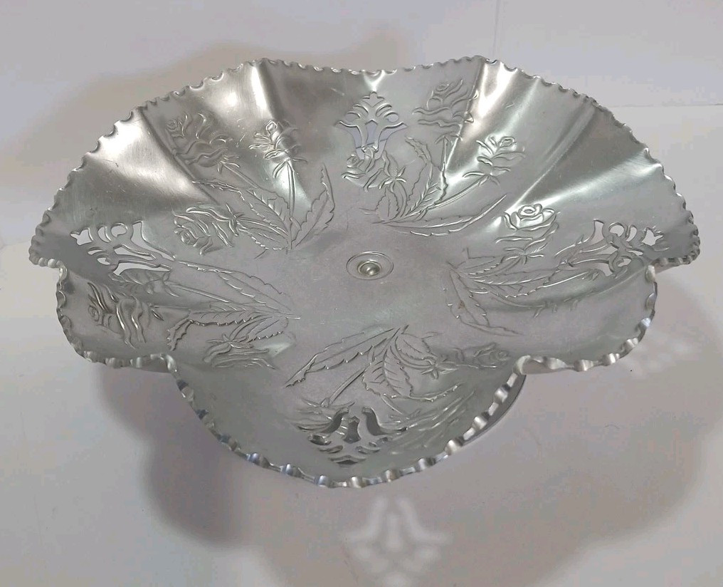 Vintage Hammered Aluminum Ruffled Edge 7¾ Inch Serving Pedestal Dish with Roses