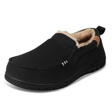 Men's Moccasin Slippers with Memory Foam, Fuzzy House Shoes with Non 12 Black