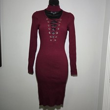 Windsor Bodycon Dress Womens S Burgandy Stretch Deep V Collar Sexy Date Night