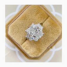 Radiant Cut Lab Created Diamond 14K White Gold FN Three Stone Engagement Ring