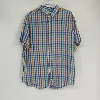 Crown & Ivy Men s Linen & Cotton Blend Plaid Button Down Short Sleeve Shirt L