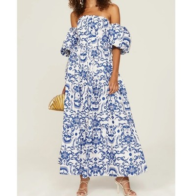 Borgo de Nor Julia Cotton Dress Venezia Blue white maxi size US 8 / UK 12