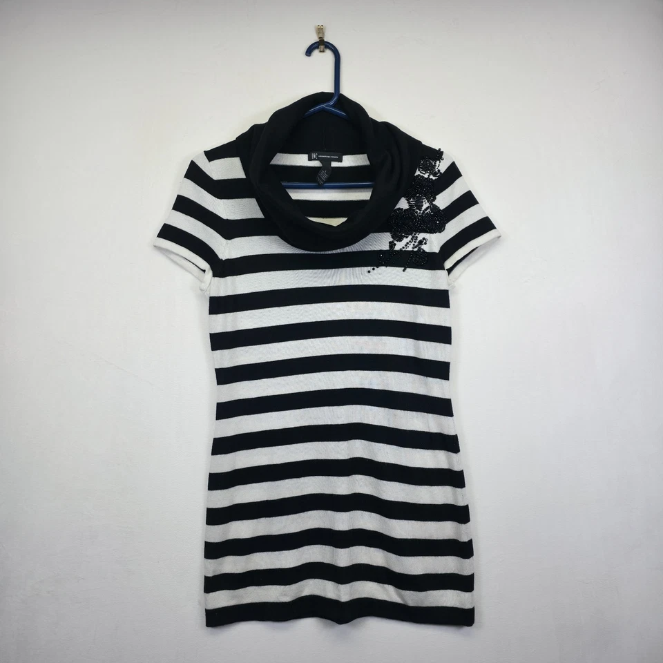 Suéter túnica INC para mujer L negro blanco a rayas con cuentas flor tejido relajado elegante Foto 2 de 4