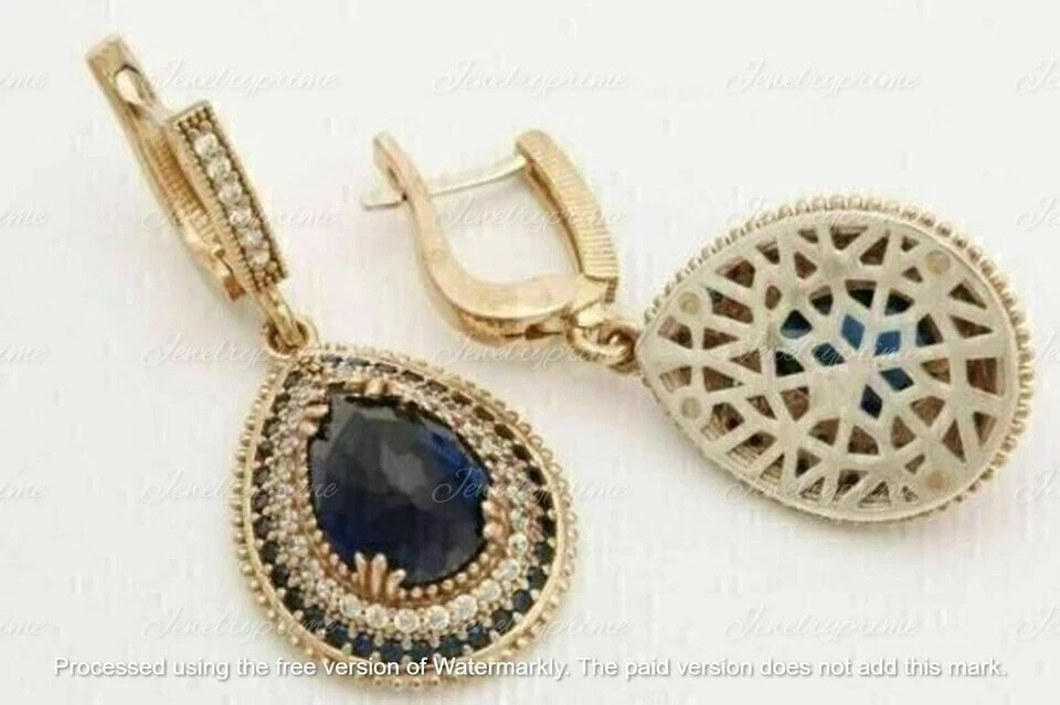 14K Yellow Gold Plated 2Ct Pear Cut Lab-Created Sapphire Drop & Dangle Earrings - Image 3 of 4