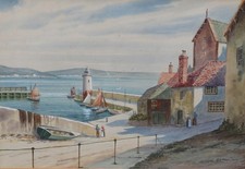 Antico acquerello Newlyn Harbour di A D Bell - 1952
