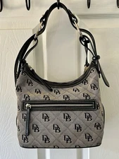 Dooney & Bourke Black/Gray Leather Trim Signature Logo Print Hobo Shoulder Bag