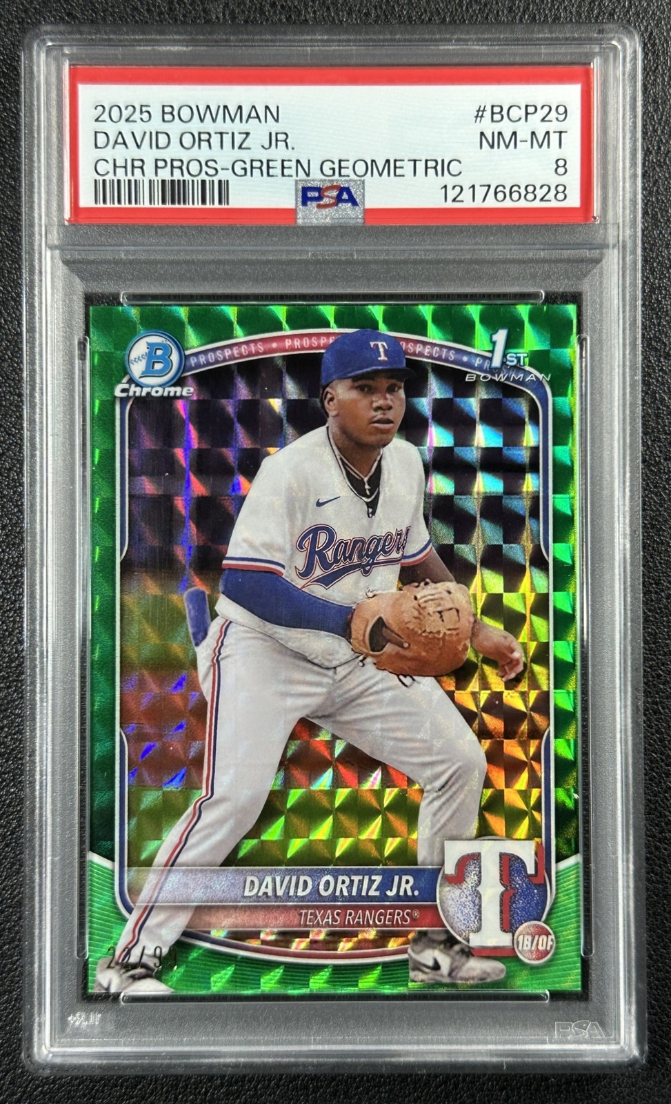 DAVID ORTIZ JR. PSA 8 2025 BOWMAN CHROME #BCP-29 GREEN GEOMETRIC REFRACTOR 22/99