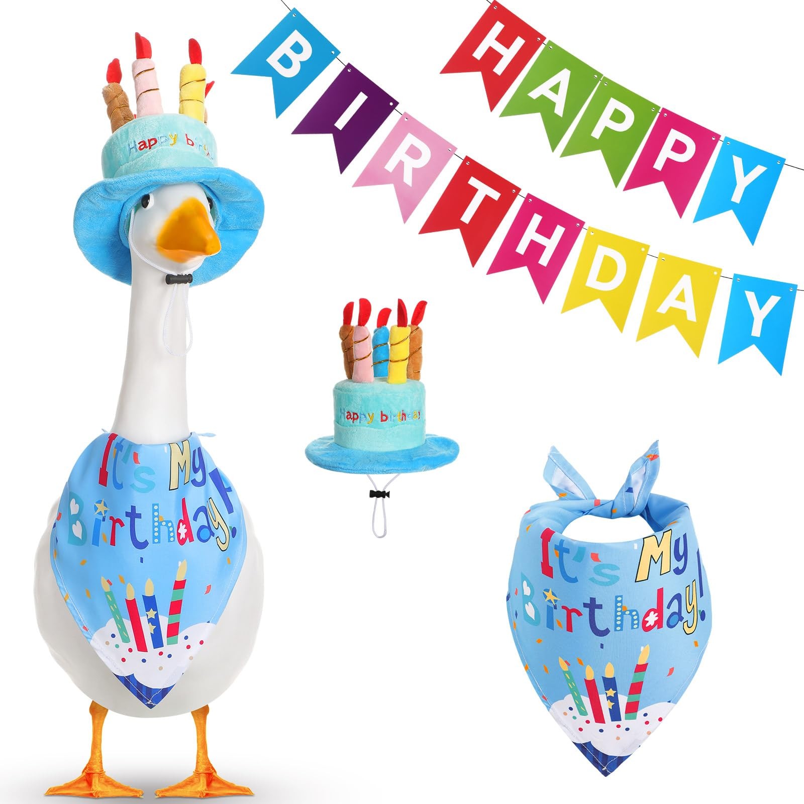 4 Pcs Happy Birthday Porch Goose Outfit with Happy Birthday Rainbow Banner Ca...