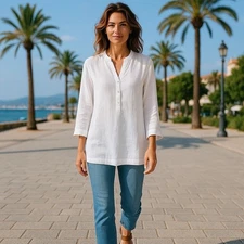 Saks Fifth Avenue White Linen V Neck Boxy Tunic Blouse Medium