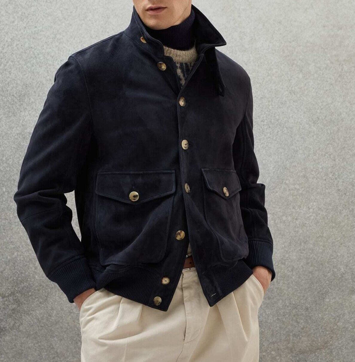 Blue Suede Leather Bomber Jacket for Men – Classic Flight Coat-image