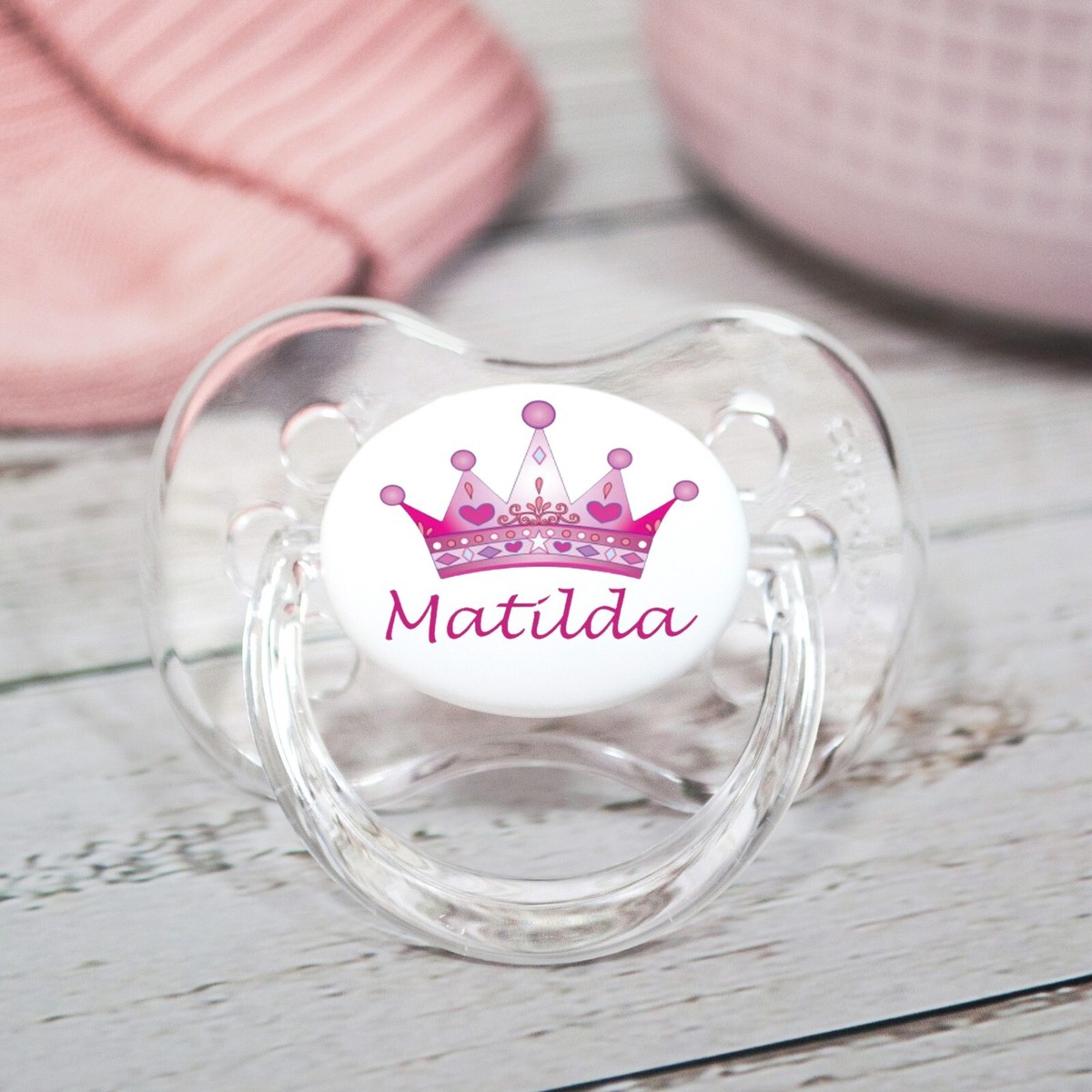 *2-PACK* PERSONALISED DUMMY PACIFIER SOOTHER, VARIOUS TEATS, PINK CROWN
