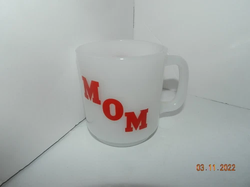 Vintage VTG Mom Glasbake Coffee Mug Milk Glass Opal Retro Rare RED