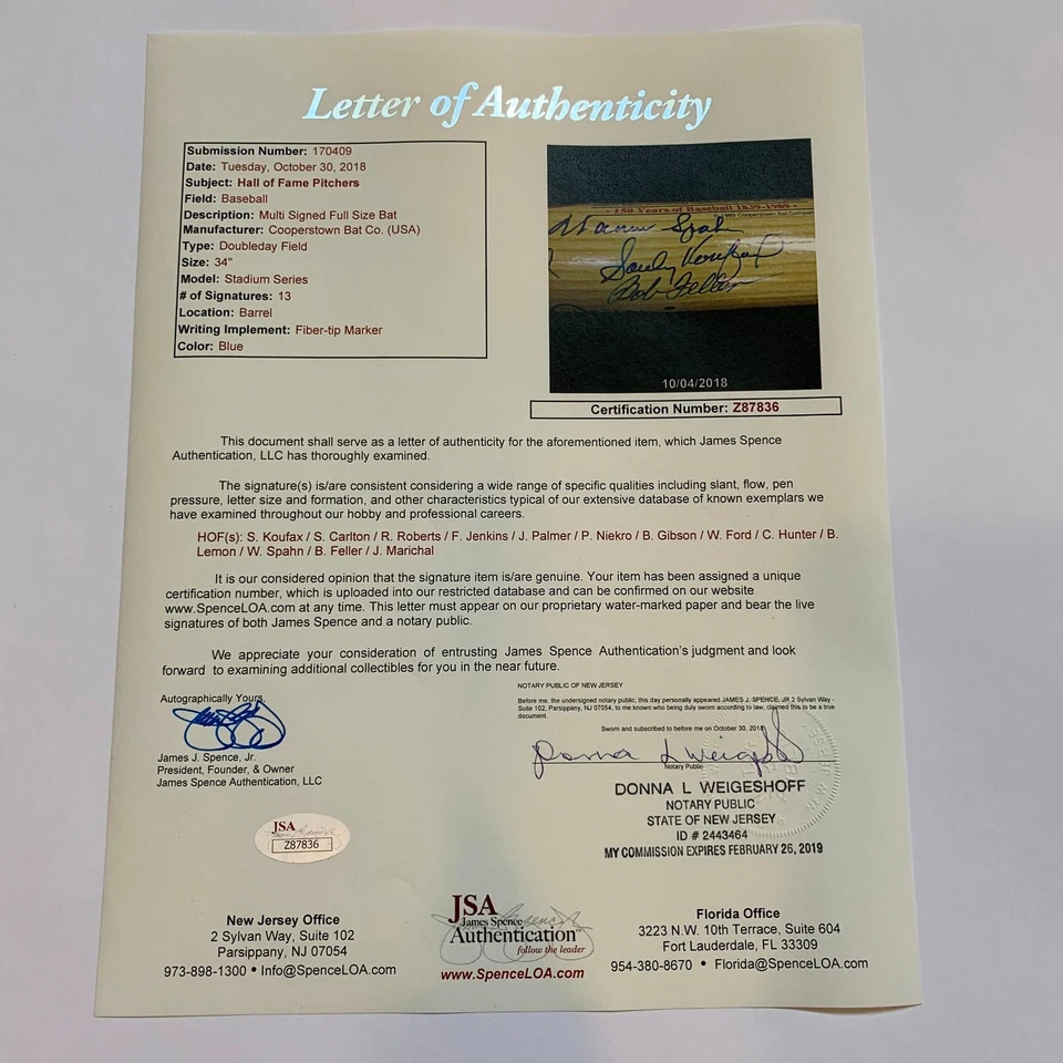 Sandy Koufax Whitey Ford Salón de la Fama Leyendas de Lanzamiento Firmado Bate 13 Sigs JSA Foto 2 de 4