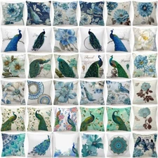 Cushion COVER Blue Green White Bird Peacock Flower Decorative Pillow Case 18x18"